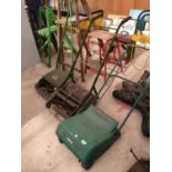 AN ELECTRIC LAWN RAKER AND TWO VINTAGE PUSH MOWERS BELIEVED IN WORKING ORDER, BUT NO WARRANTY
