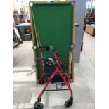 A CHILDS SNOOKER TABLE WITH CUES AND A MOBILITY AID
