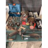 A LARGE QUANTITY OF TOOLS INCLUDING A PLANE, OIL CAN, SCREWS, NAILS ETC.