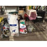 A DOG CAGE (NO DOOR), CAT CARRIER AND QUANTITY OF DOG FOOD