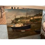 OIL ON CANVAS OF A FISHING HARBOUR SCENE, SIGNED
