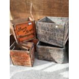 FIVE VINTAGE WOODEN BOTTLE CRATES, THREE 'BEER AT HOME DAVENPORTS' AND TWO 'THE CHESHIRE