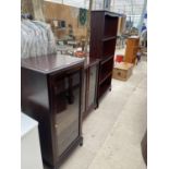 A MAHOGANY HI-FI CABINET, BOOKCASE WITH TWO GLAZED DOORS AND A FOUR TIER BOOKCASE