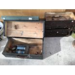 THREE VINTAGE WOODEN TOOL BOXES/JOINERS CHESTS AND CONTENTS