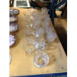 A QUANTITY OF GLASS WARE TO INCLUDE CUT GLASS SHERRY GLASSES, TWO OLD FANCY CAKE STANDS AND