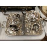 A SILVER PLATED TEA AND COFFEE SERVICE TO INCLUDE ENGRAVED TRAY DATED 1950
