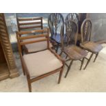 FOUR WHEELBACK WINDSOR CHAIRS AND A PAIR OF TEAK DINING CHAIRS