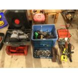 A HALFORDS SANDER, LUCAS HEAVY DUTY BATTERY CHARGER, QUANTITY OF SOCKETS, TOOLS ETC.