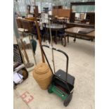 A HAND MOWER, TWO STANDARD LAMPS AND A WICKER LINEN BASKET