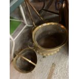 A GROUP OF BRASS TO INCLUDE TWO WARMING PANS, COAL SCUTTLE AND LARGE LINED LOG BUCKET