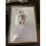 A FRAMED NOBBY STILES AUTOGRAPH AND CARICATURE CARTOON