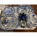 A SELECTION OF BLUE AND WHITE CHINA TO INCLUDE TWO WILLOW PATTERN MEAT PLATES
