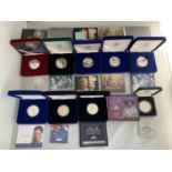 NINE VARIOUS SILVER PROOF CROWNS IN A PRESENTATION BOXES WITH CERTIFICATES