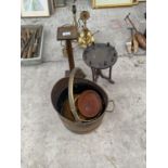 A COPPER COAL SCUTTLE, WOODEN CANDLE STICK, CIRCULAR LOOM AND BRASS CEILING LAMP