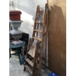 TWO SETS OF VINTAGE WOODEN STEPS LADDERS TO INCLUDE A TWO RUNG AND A SIX RUNG SET