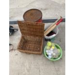 A WICKER BASKET, BUCKET OF GOLF BALLS, TWO ROUNDERS BATS, A COCA COLA STORAGE BIN ETC