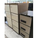 THREE METAL FILING CABINETS TO INCLUDE A THREE DRAWER EASISCAN WITH KEY, A FOUR DRAWER RONEO VICKERS