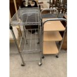 A STAINLESS STEEL THREE TIER TROLLEY AND SMALLER TROLLEY WITH WOODEN SHELVES