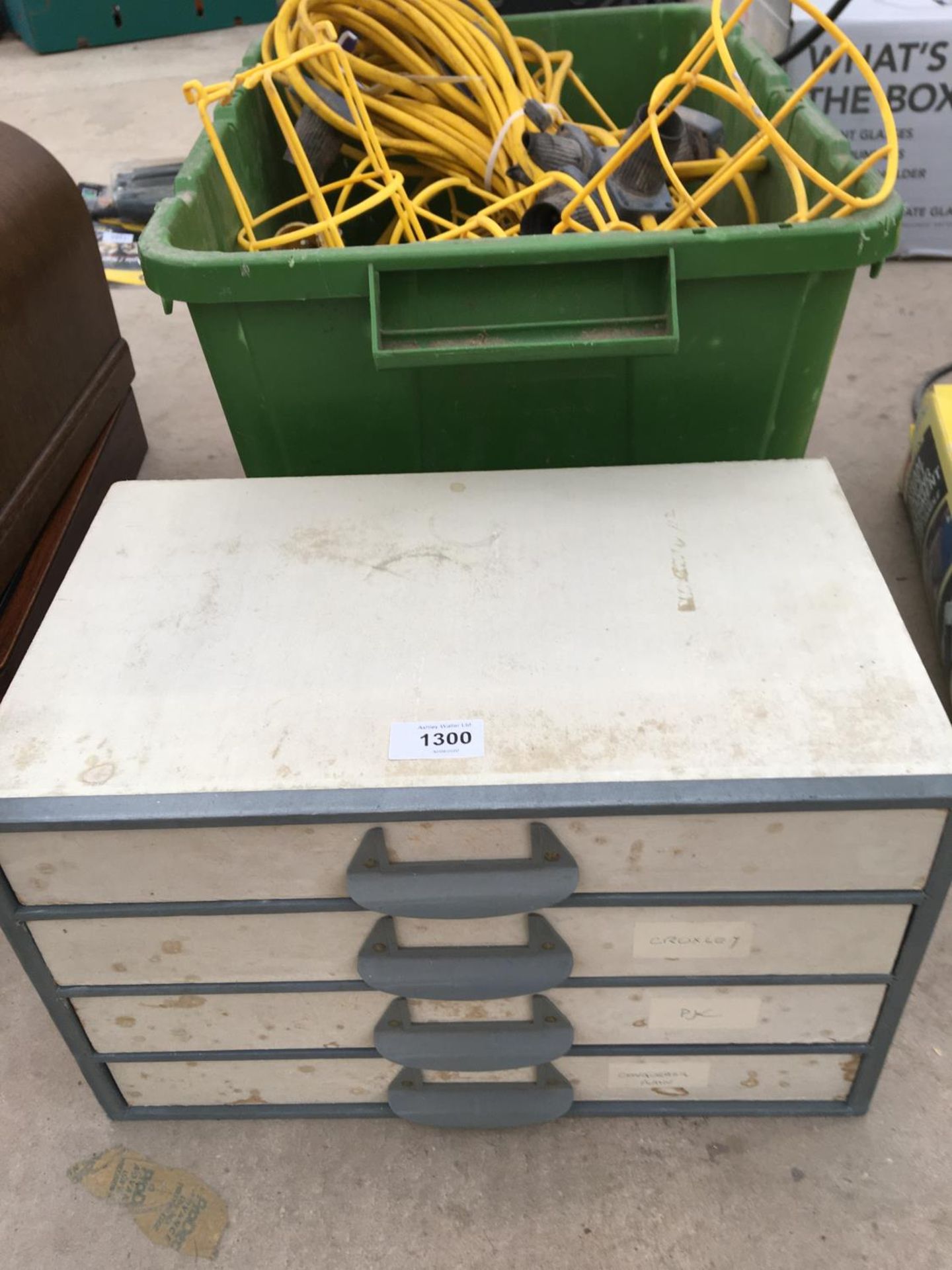 A SMALL SET OF WOODEN DRAWERS AND A BOX OF YELLOW EXTENSION 110V LEADS FOR LIGHT FITTINGS ETC. - Image 2 of 3