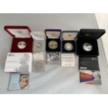 FIVE VARIOUS SILVER PROOF COMMEMORATIVE COINS IN PRESENTATION BOXES WITH CERTIFICATES