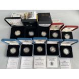 TEN VARIOUS SILVER PROOF £1 COINS IN PRESENTATION BOXES WITH CERTIFICATES