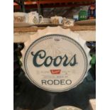 A VINTAGE GARAGE RETRO COORS RODEO HANGING BOTTLE TOP DISPLAY SIGN 35CM