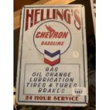 A METAL VINTAGE STYLE HELLINGS GASOLINE SIGN 20CM X 30CM