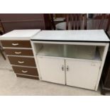 A 1950'S KITCHEN SIDE CABINET WITH CUPBOARDS AND SLIDING GLASS DOORS AND PAINTED FOUR DRAWER CHEST