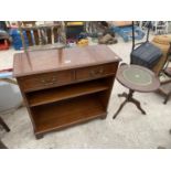 A SMALL INLAID MAHOGANY BOOKCASE WITH TWO DRAWERS AND A MAHOGANY WINE TABLE WITH LEATHER TOP