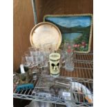 A QUANTITY OF VINTAGE BEER GLASSES TO INCLUDE DD DOUBLE DIAMOND, SKOL, MICKEY MOUSE, BEER OPENERS