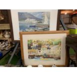 TWO LARGE FRAMED HARBOUR PAINTINGS, ONE A WATERCOLOUR AND A PASTEL