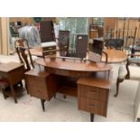 A 1960'S ROSEWOOD EFFECT DRESSING TABLE WITH TRIPLE MIRROR ON BLACK TAPERED LEGS, 46" WIDE