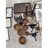 VARIOUS TREEN ITEMS - BOWLS, TRAY, CANDLESTICKS ETC