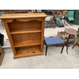 A PINE THREE TIER BOOKCASE, A STAG DRESSING STOOL AND A SMALL MAHOGANY TRIPOD TABLE