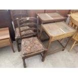 A PAIR OF LADDER BACK CHAIRS AND TWO DINNER TROLLEYS