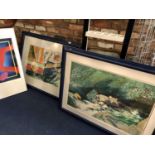 THREE VERY LARGE ORIGINAL FRAMED PAINTINGS TO INCLUDE JANE BICKERSTAFFE, MICHAEL SMART AND D
