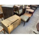 A PINE BLANKET CHEST, DINING CHAIR, TWO SMALL TABLES AND A POUFFE