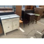 A 1950'S ENAMEL TOP KITCHEN UNIT, NEST OF TWO TABLES, COFFEE TABLE, CARD TABLE AND 78'S CABINET