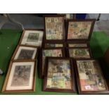 A COLLECTION OF CURRENCIES PRESENTED IN WOODEN FRAMES AND THREE PICTURES DEPICTING RURAL HUMOUR