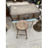 A VINTAGE STOOL, A SMALL TABLE WITH SLATTED TOP AND A VINTAGE SUIYCASE