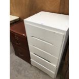 A 2 DRAWER WOODEN FILING CABINET WITH BRASS WARE AND A FIVE DRAWER WHITE WOODEN CHEST OF DRAWERS