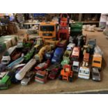 A COLLECTION OF TOY WAGGONS, TRACTORS AND CARS, INCLUDING THREE LARGER VEHICLES