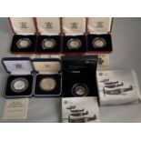 SEVEN VARIOUS SILVER PROOF 50P COINS IN PRESENTATION BOXES WITH CERTIFICATES