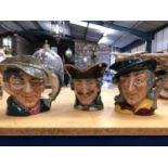 THREE ROYAL DOULTON TOBY JUGS TO INCLUDE, 'THE POACHER', 'DICK TURPIN' AND 'PIED PIPER'