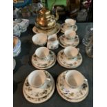 A ROYAL DOULTON 'LARCHMONT' TEA SET TO INCLUDE A VINTAGE BRASS FIRESIDE KETTLE