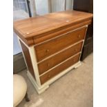 A 19TH CENTURY STYLE PAINTED CHEST OF THREE DRAWERS, SECRET DRAWER TO FRIEZE, 42" WIDE