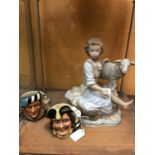 THREE CERAMIC ITEMS TO INCLUDE A MODEL OF A YOUNG GIRL WITH A LAMB AND TWO MINIATURE TOBY JUGS