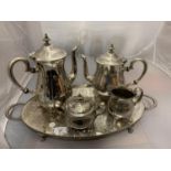 AN ORNATE SILVER PLATED TEA/COFFEE SET WITH TRAY