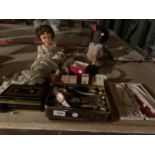 FOUR VINTAGE DOLLS, A TIN CONTAINING WATCHES AND COSTUME JEWELLERY, TWO NECKLACES AND MINIATURE