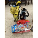 TWO CHILD'S GOLF BAGS AND CLUBS, HOTWHEELS SET ETC